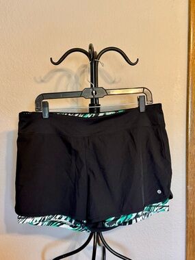 Layer 8 Black Athletic Shorts with Teal Green Patterned Liner - L